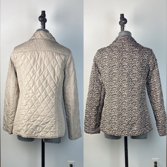 Gray brown reversible quilted animal hoodless button up jacket coat sz medium - Picture 2 of 11